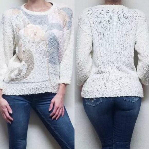 𝅺VINTAGE 80s White Floral Bead Knit Popcorn Sweater - Picture 1 of 14